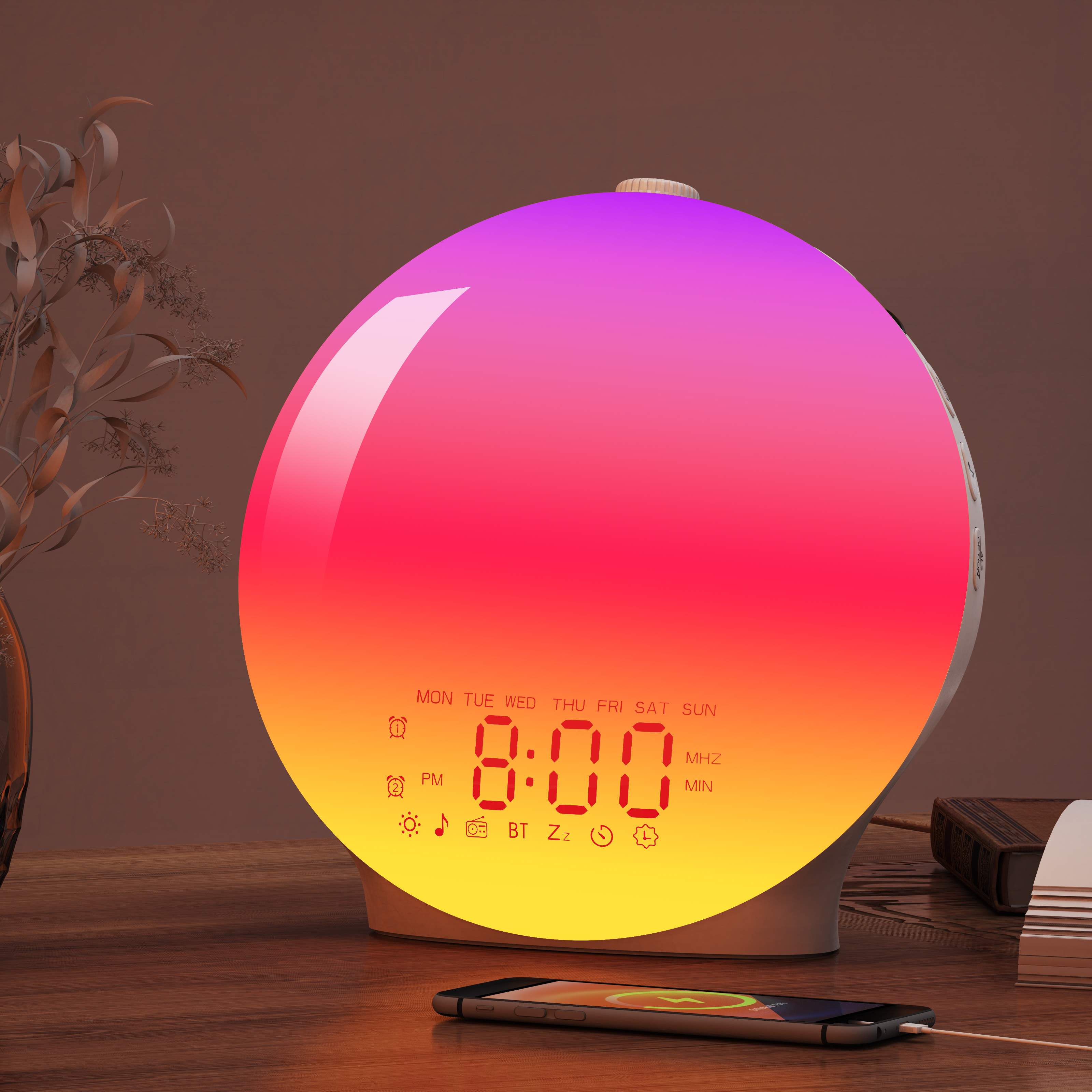 K6 full-screen sunrise alarm clock glowing pink, orange and yellow on a bedside table
