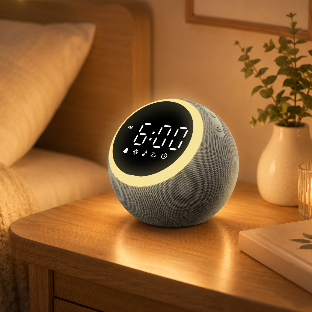 SM-01 fabric white noise alarm clock with a warm light ring on a bedside table