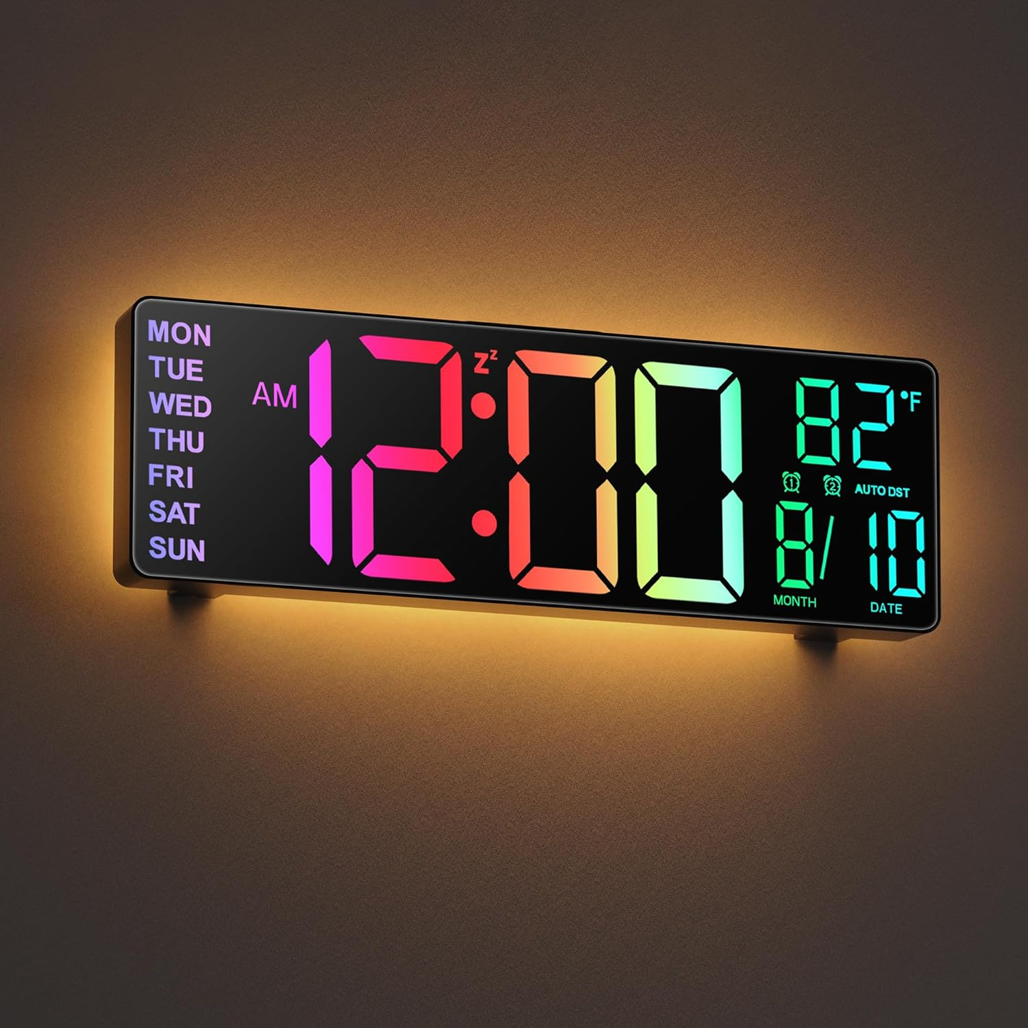 PH-03 digital wall clock displayed on a dark wall with warm backlighting